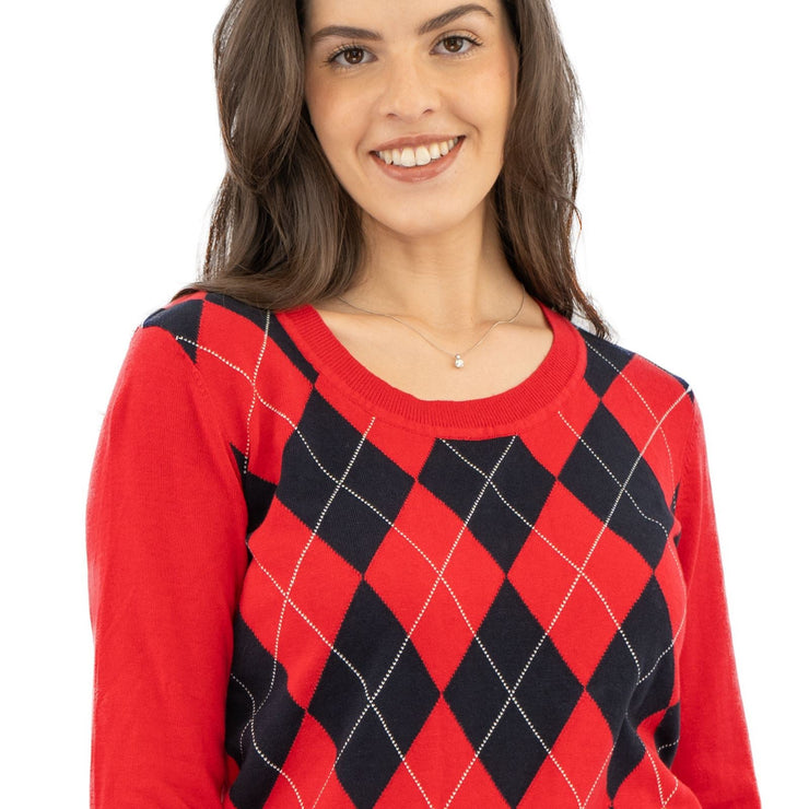 Lucy Argyle Jumper Red Diamond Intarsia Long Sleeve Tops - Quality Brands Outlet
