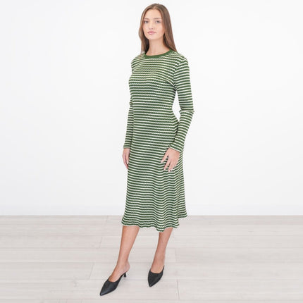 M&S Green Striped Midi Dress Long Sleeve-Quality Brands Outlet-