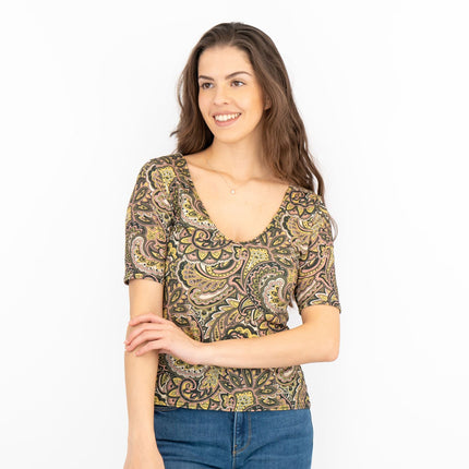 Oasis Green Paisley Print V-Neck Short Sleeve Tops-Quality Brands Outlet-