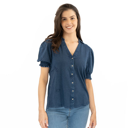 White Stuff Penelope Blue Denim Embroidered Top-Quality Brands Outlet-