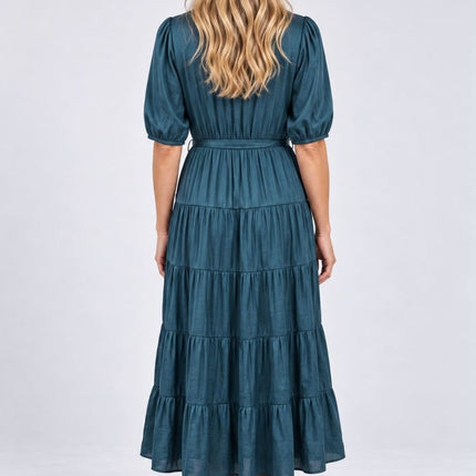 Womens Dress Long Sleeve Elle Tiered Satin Maxi Dress in Rich Teal Green-Quality Brands Outlet-
