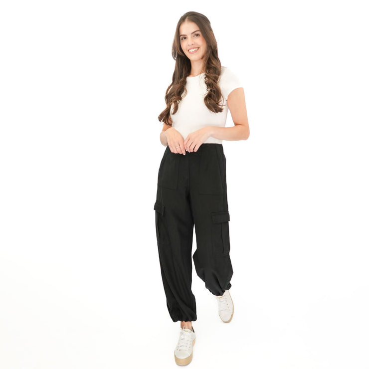 M&S Per Una Cargo Trousers Summer Linen Lyocell Blend Black Wide Leg with Drawstring - Quality Brands Outlet