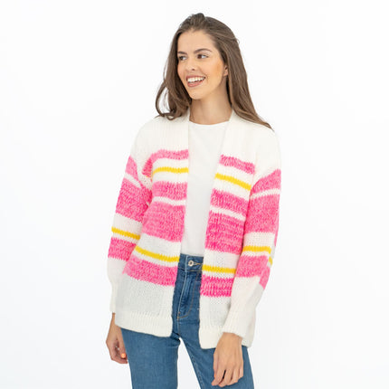 Joules Womens Cardigan Pink White Slouchy Stripe Supersoft Chunky Knit