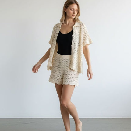 Crochet Co-Ord Knit Shorts Ivory Scalloped Hem-Quality Brands Outlet-