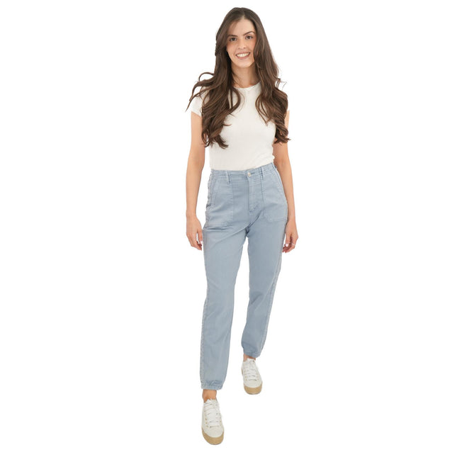 M&S Cotton Rich Slim Fit Trousers Stretch Elasticated Cuff Blue-Quality Brands Outlet-