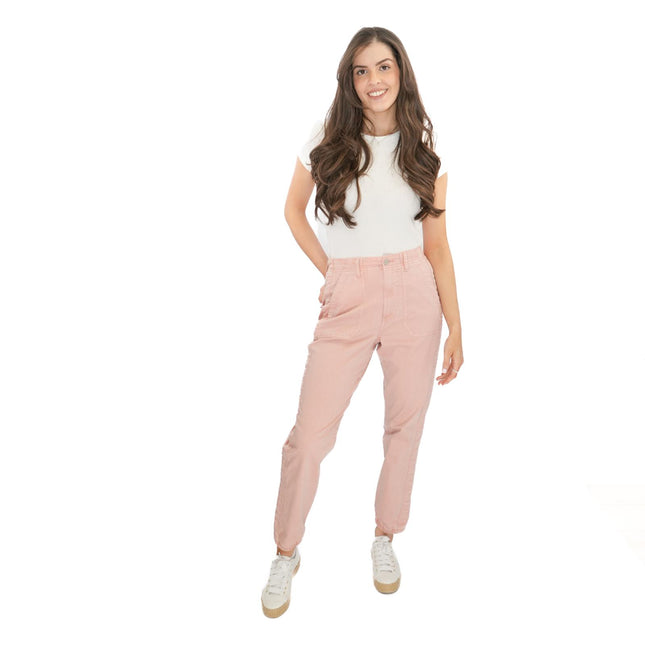 M&S Cotton Rich Slim Fit Trousers Stretch Elasticated Cuff Pink-Quality Brands Outlet-