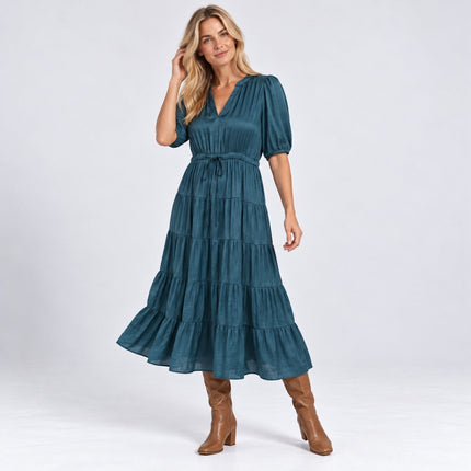 Womens Dress Long Sleeve Elle Tiered Satin Maxi Dress in Rich Teal Green-Quality Brands Outlet-