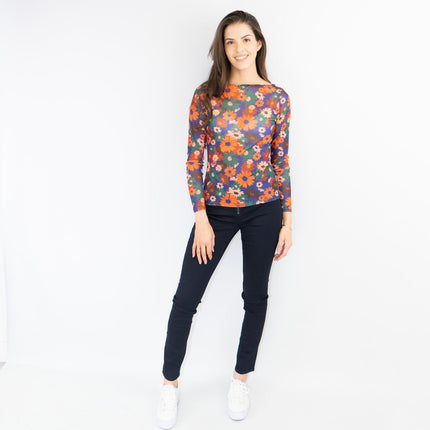 Karen Millen Orange Floral Boat Neck Long Sleeve Tops-Quality Brands Outlet-