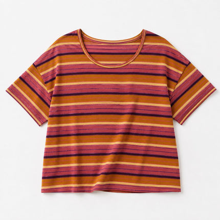 Brown Stripe Linen Modal Blend Scoop Neck T-Shirt