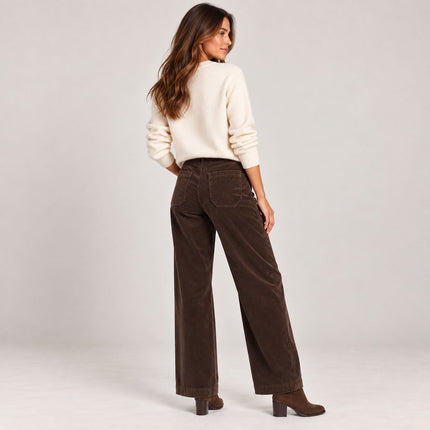 Womens Wide Leg Cord Trousers - Chocolate