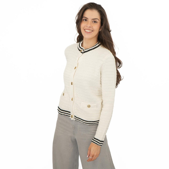 M&S Ivory Gold Button Cardigan Classic Textured Crew Neck-Quality Brands Outlet-