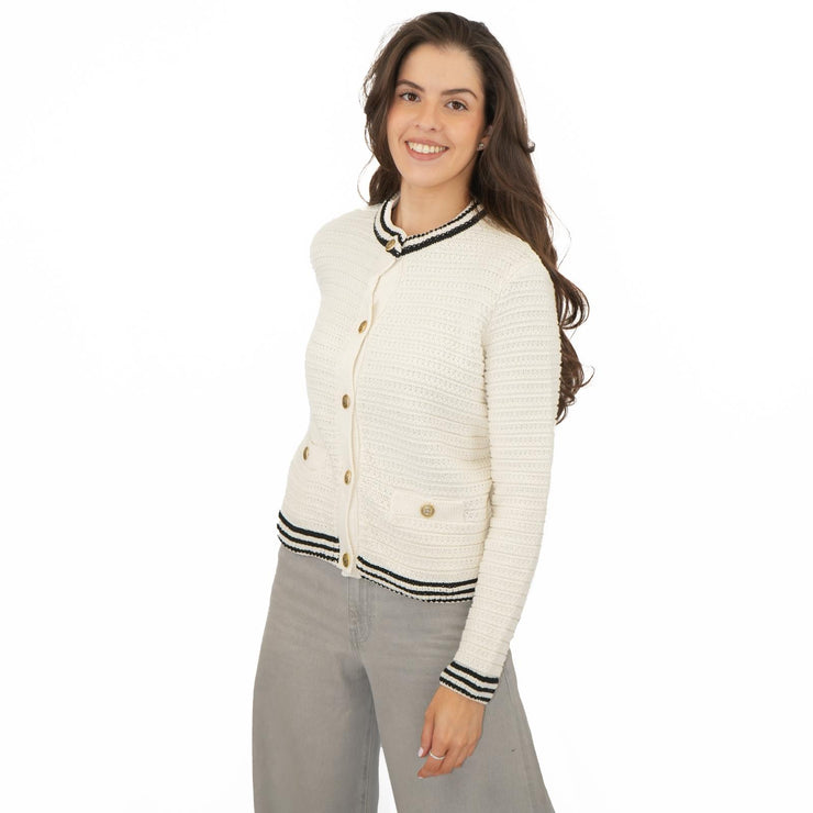 M&S Ivory Gold Button Cardigan Classic Textured Crew Neck - Quality Brands Outlet