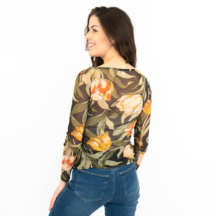Karen Millen Floral Tulip Mesh Top Womens Long Sleeve Round Neck-Quality Brands Outlet-