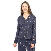 M&S Navy Star Print Long Sleeve Pyjama Set for Women Christmas PJs Loungewear with Eye Mask - Quality Brands Outlet