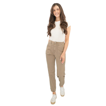 M&S Cotton Blend Slim Fit Trousers Stretch Elasticated Cuff Mocha - Quality Brands Outlet