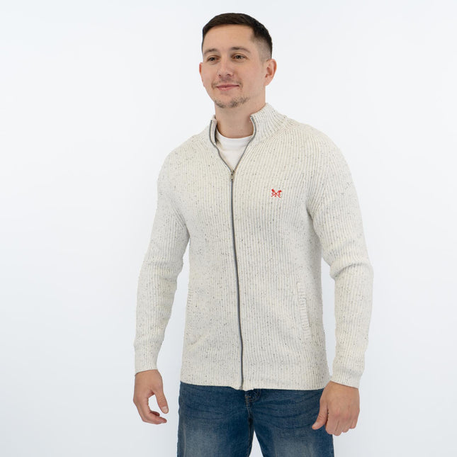 Crew Clothing Mens Chunky Knit Jacket White Flecks-Quality Brands Outlet-