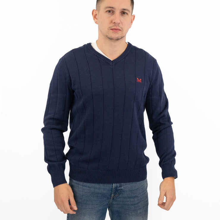 Crew Clothing Mens Jumper Navy V-Neck Ribbed Long Sleeve Organic Cotton