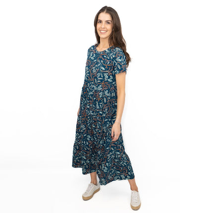 Seasalt Teal Green Line Strokes Floral Short Sleeve Midi Dress-Quality Brands Outlet-