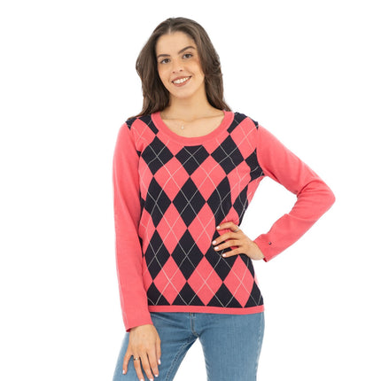 Lucy Argyle Jumper Pink Diamond Intarsia Long Sleeve Tops-Quality Brands Outlet-