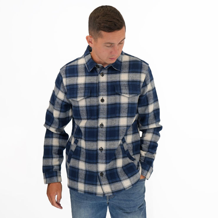 M&S Mens Cotton Rich Check Double Faced Overshirt Blue - Quality Brands Outlet