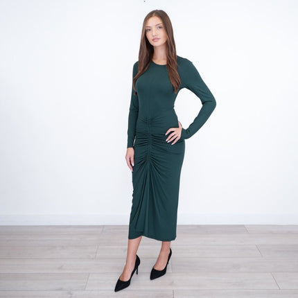 Ginny Ruched Midi Dress Green Long Sleeve - Quality Brands Outlet