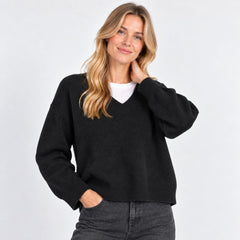 Womens Jumper Raglan Long Sleeve V-Neck Knit Tops - Black-Quality Brands Outlet-
