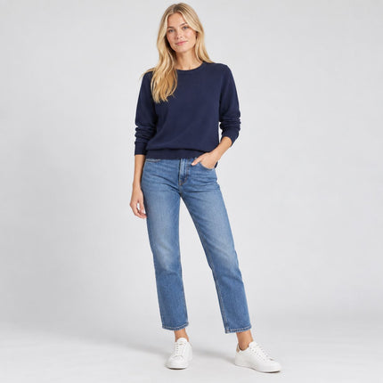 Womens Jumpers Cotton Crew Neck Knit Tops - Black