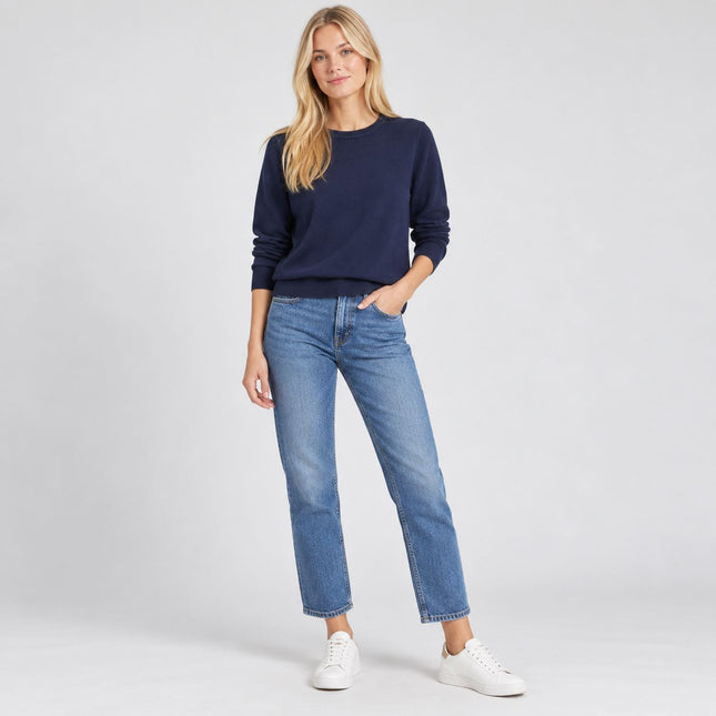 Womens Jumpers Cotton Crew Neck Knit Tops - Black