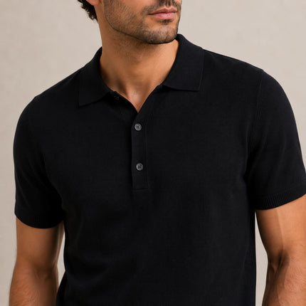 Massimo Dutti Men Classic Knitted Linen Blend Polo Shirt 3 Button Black