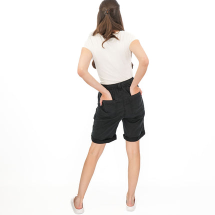 M&S Cargo Shorts Elastic Waist Cotton Lyocell Black Turn Up - Quality Brands Outlet