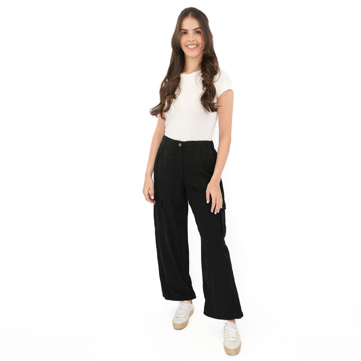M&S Per Una Cargo Trousers Summer Linen Lyocell Blend Black Wide Leg with Drawstring - Quality Brands Outlet