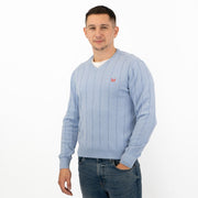 Crew Clothing Mens Jumper Blue V-Neck Ribbed Long Sleeve Organic Cotton