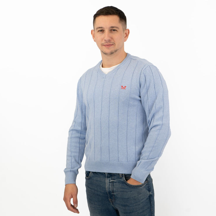 Crew Clothing Mens Jumper Blue V-Neck Ribbed Long Sleeve Organic Cotton