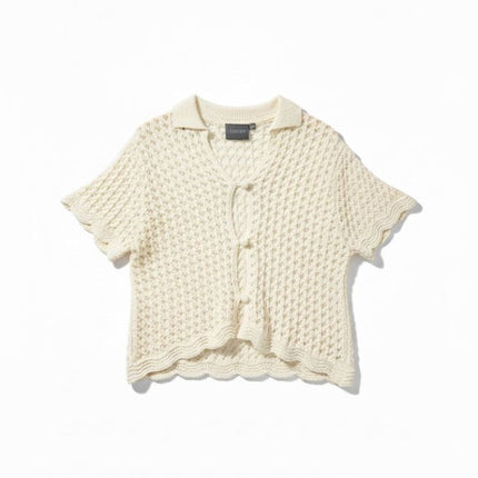 Ivory Crochet Knit Tops Co-Ord Scalloped Hem Short Sleeve Summer-Quality Brands Outlet-