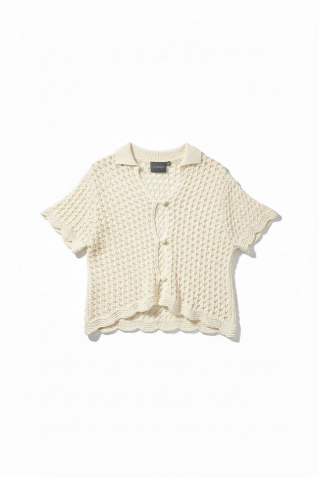 Ivory Crochet Knit Tops Co - Ord Scalloped Hem Short Sleeve Summer - Quality Brands Outlet