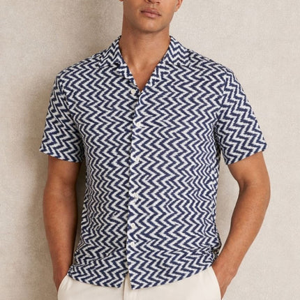 Mens Florida Chevron Print Shirt Cuban Collar Navy - Quality Brands Outlet