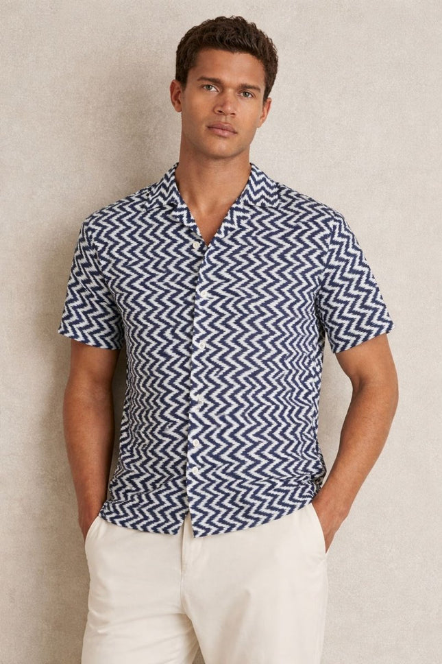 Mens Florida Chevron Print Shirt Cuban Collar Navy - Quality Brands Outlet