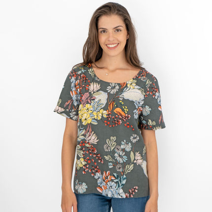 Seasalt Grey Floral Linen Blend Blouse Short Sleeve Tops-Quality Brands Outlet-