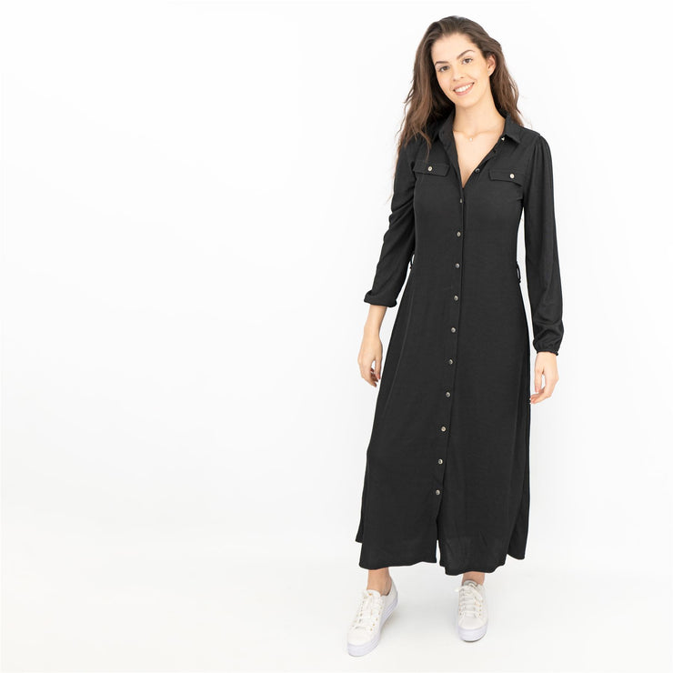 Oasis Ribbed Lightweight Long Sleeve Black Midi Shirt Dress - No Belt