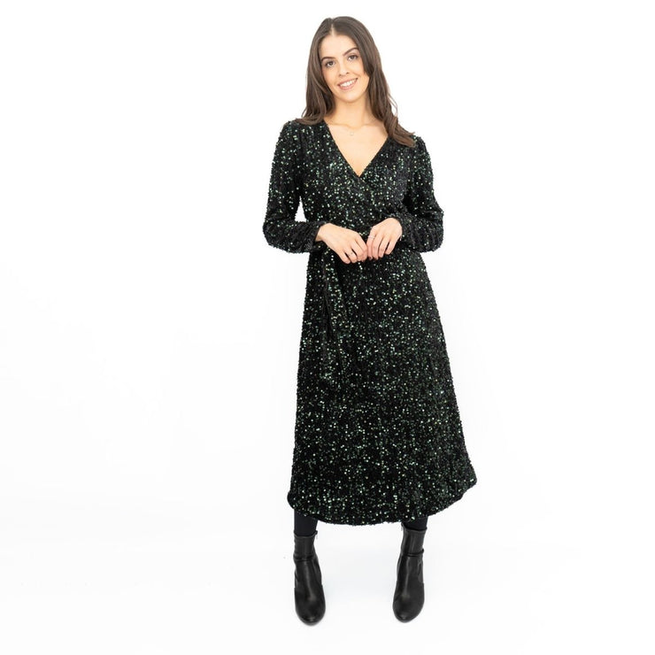 Velvet Sequin Wrap Midi Dress Sparkle Green - Quality Brands Outlet