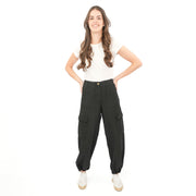 M&S Per Una Cargo Trousers Summer Linen Lyocell Blend Black Wide Leg with Drawstring - Quality Brands Outlet
