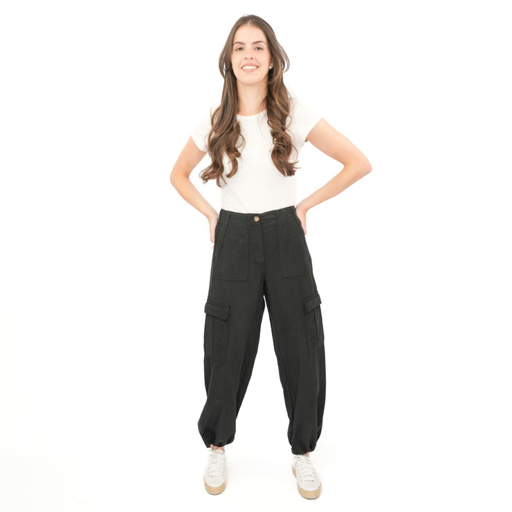 M&S Per Una Cargo Trousers Summer Linen Lyocell Blend Black Wide Leg with Drawstring - Quality Brands Outlet