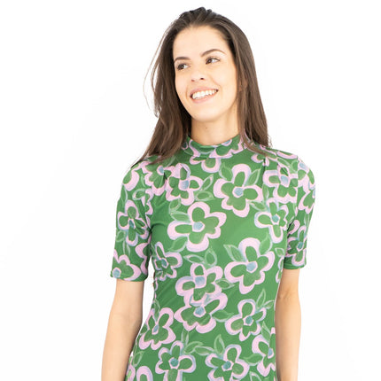 Nasty Gal Green Floral High Neck Short Sleeve Midi Dress-Quality Brands Outlet-