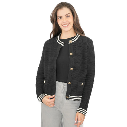 M&S Black Gold Button Cardigan Classic Textured Crew Neck - Quality Brands Outlet