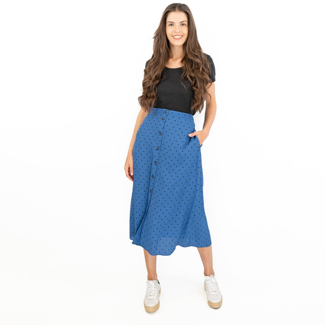 Joules Tallulah Blue Midi Skirt Black Polka Dots with Side Pockets-Quality Brands Outlet-
