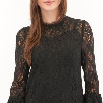 Womens Black Dress Long Sleeve Lace Frill Details Mini Length