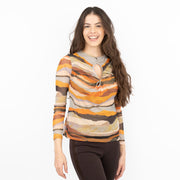 Warehouse Brown Abstract Print Keyhole Long Sleeve Mesh Tops - Quality Brands Outlet
