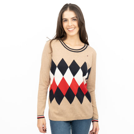 Lucy Argyle Jumper Beige Diamond Intarsia Long Sleeve Tops-Quality Brands Outlet-
