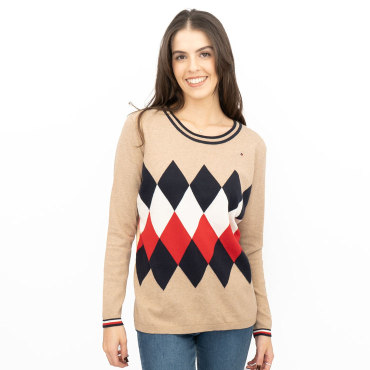 Lucy Argyle Jumper Beige Diamond Intarsia Long Sleeve Tops - Quality Brands Outlet