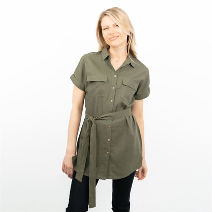 Khaki Green Short Sleeve Longline Shirts Utility Style Women's Tops-Quality Brands Outlet-
